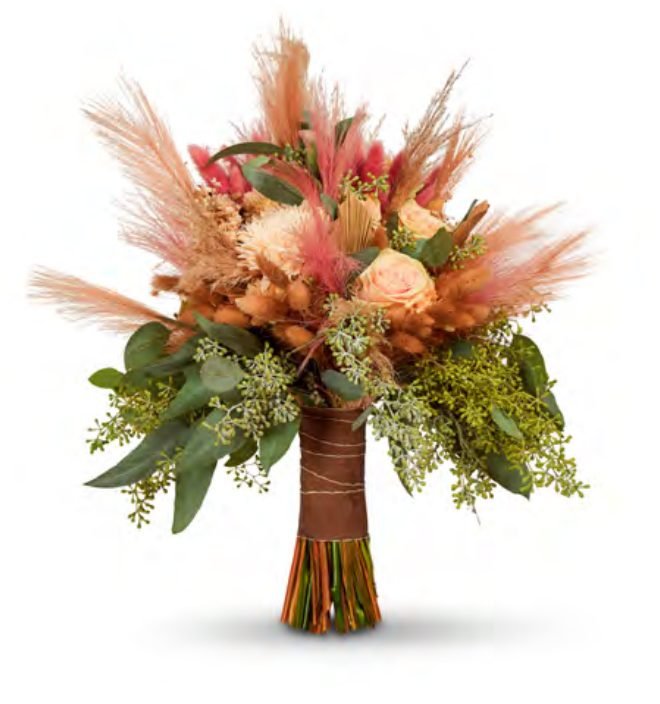 Modern Boho bouquet with pampas, feathers and blush roses