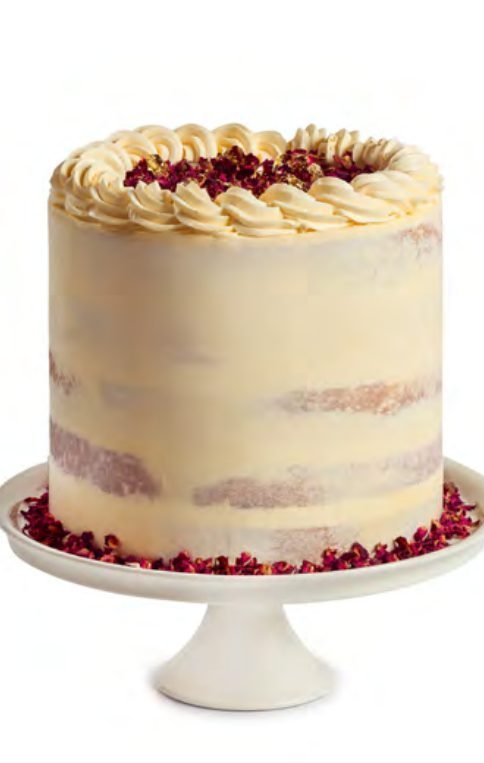 Floral and Gold naked-style cake with rose petals