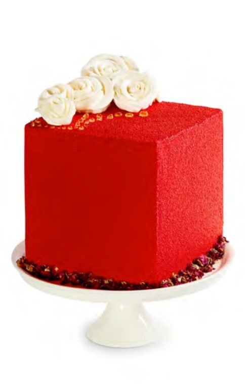 Red Hot square cake with white roses