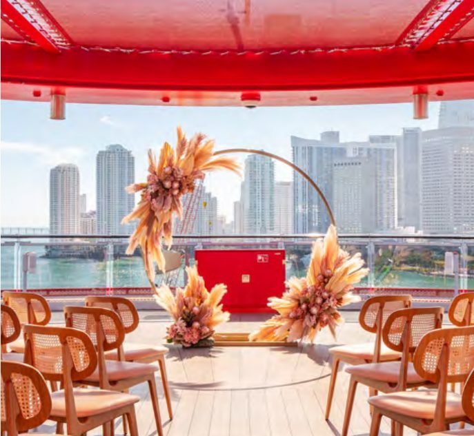 The Perch, an open-air top-deck venue with a floral arch and city skyline behind